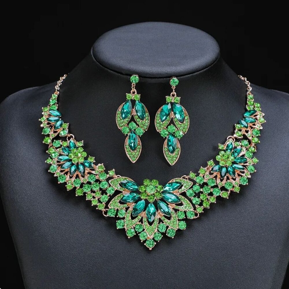 Peacock Necklace Earrings Set Rhinestones Green & Gold Tone